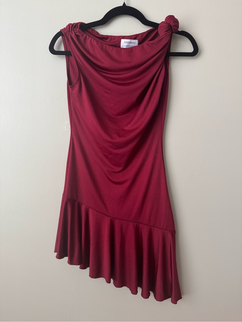Peppermayo Burgundy Asymmetrical Draped Dress